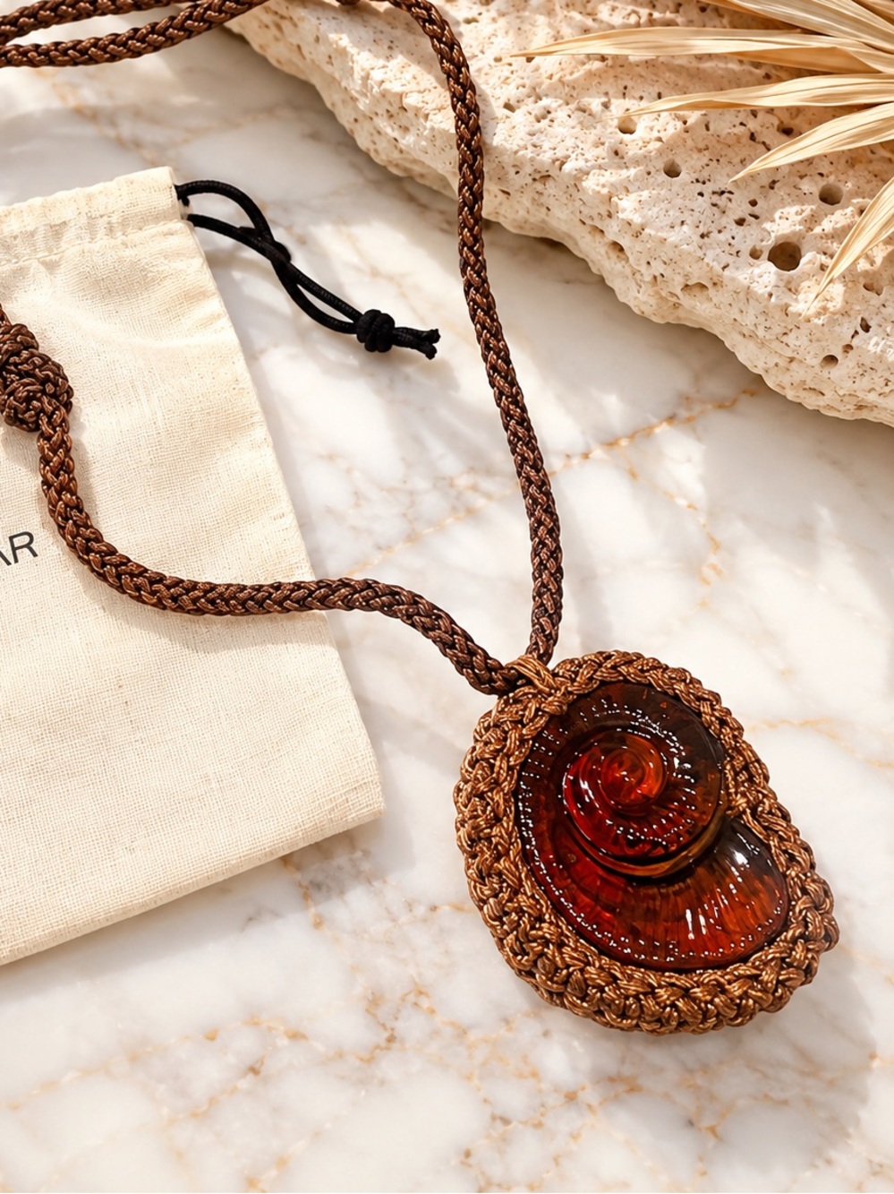 MAYAMAR Coastal Medallion Necklace Amber Resin Cord Boho Artisan Statement NWT